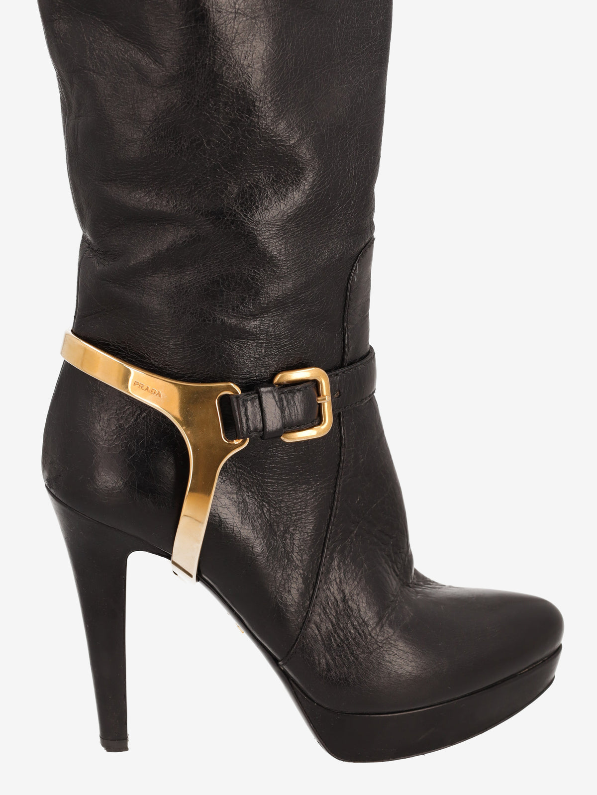 Prada 2000s Leather Knee-High Boots with Gold Detail W6826.9  Prada 