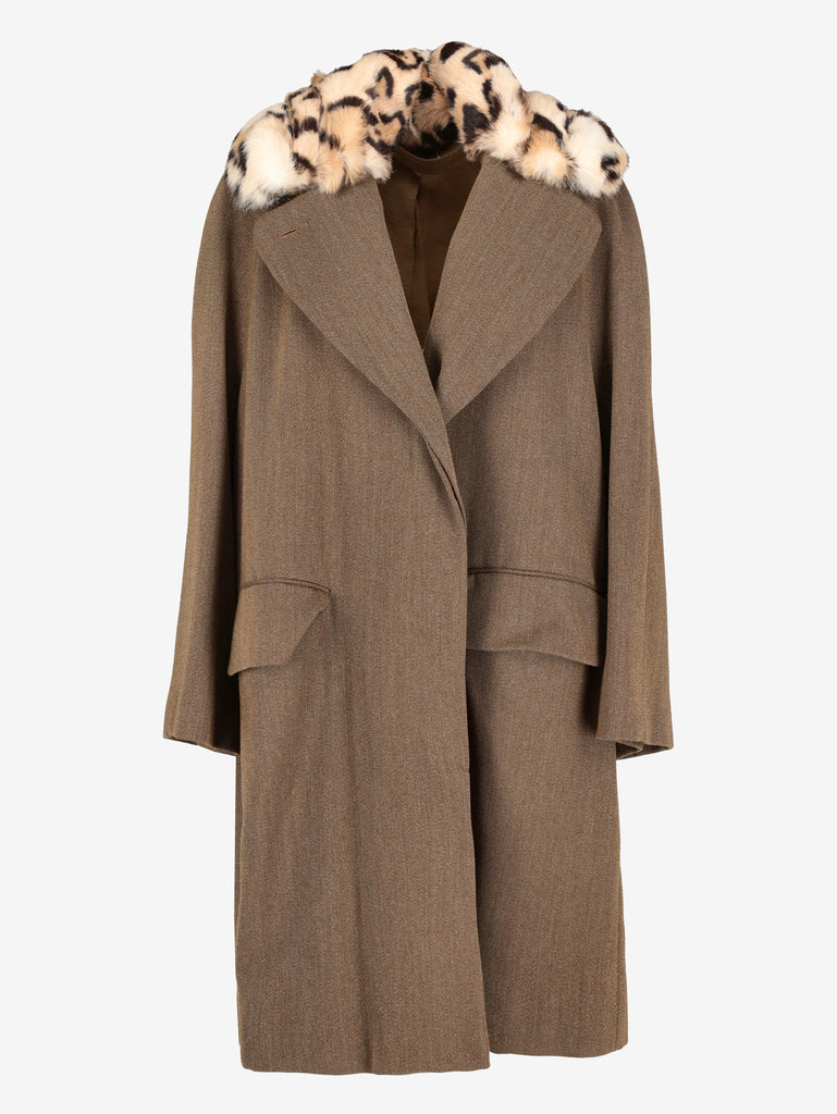Romeo Gigli Vintage Dark Brown Wool Coat with Leopard-Print Collar WCV1004344  Romeo Gigli 