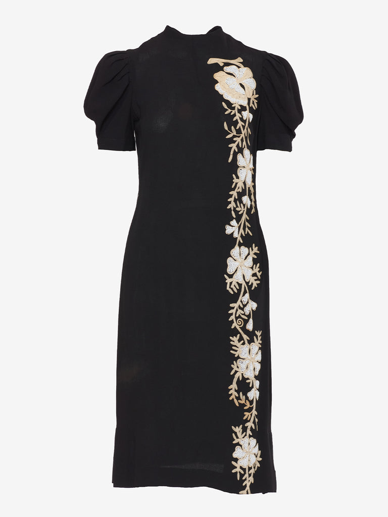 Vintage dress with white beaded embroidery and vertical flower - '40s AR006  Vintage 