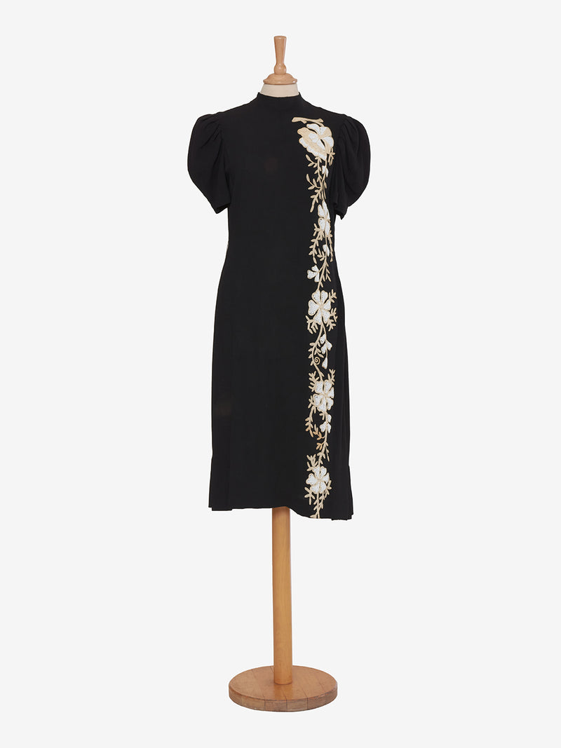 Vintage dress with white beaded embroidery and vertical flower - '40s AR006  Vintage 