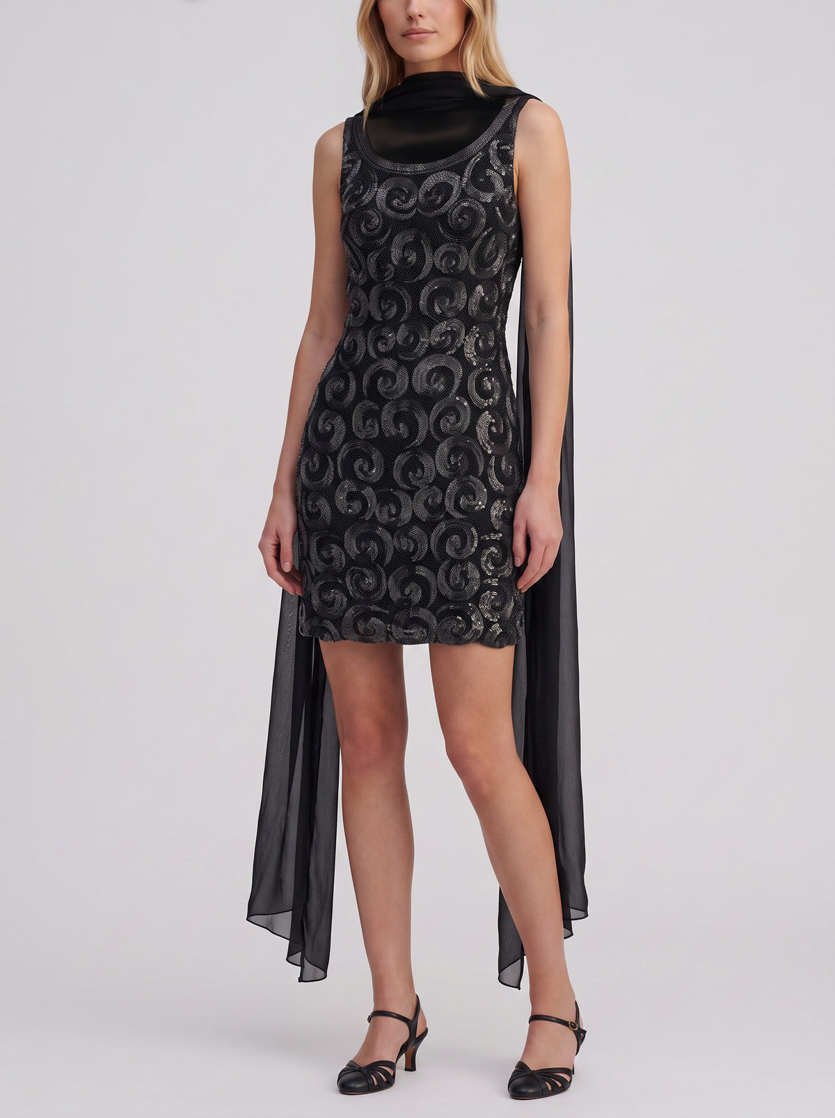Structured Cocktail Dress with Textured Embroidery and Chiffon Stole AR072  Vintage 