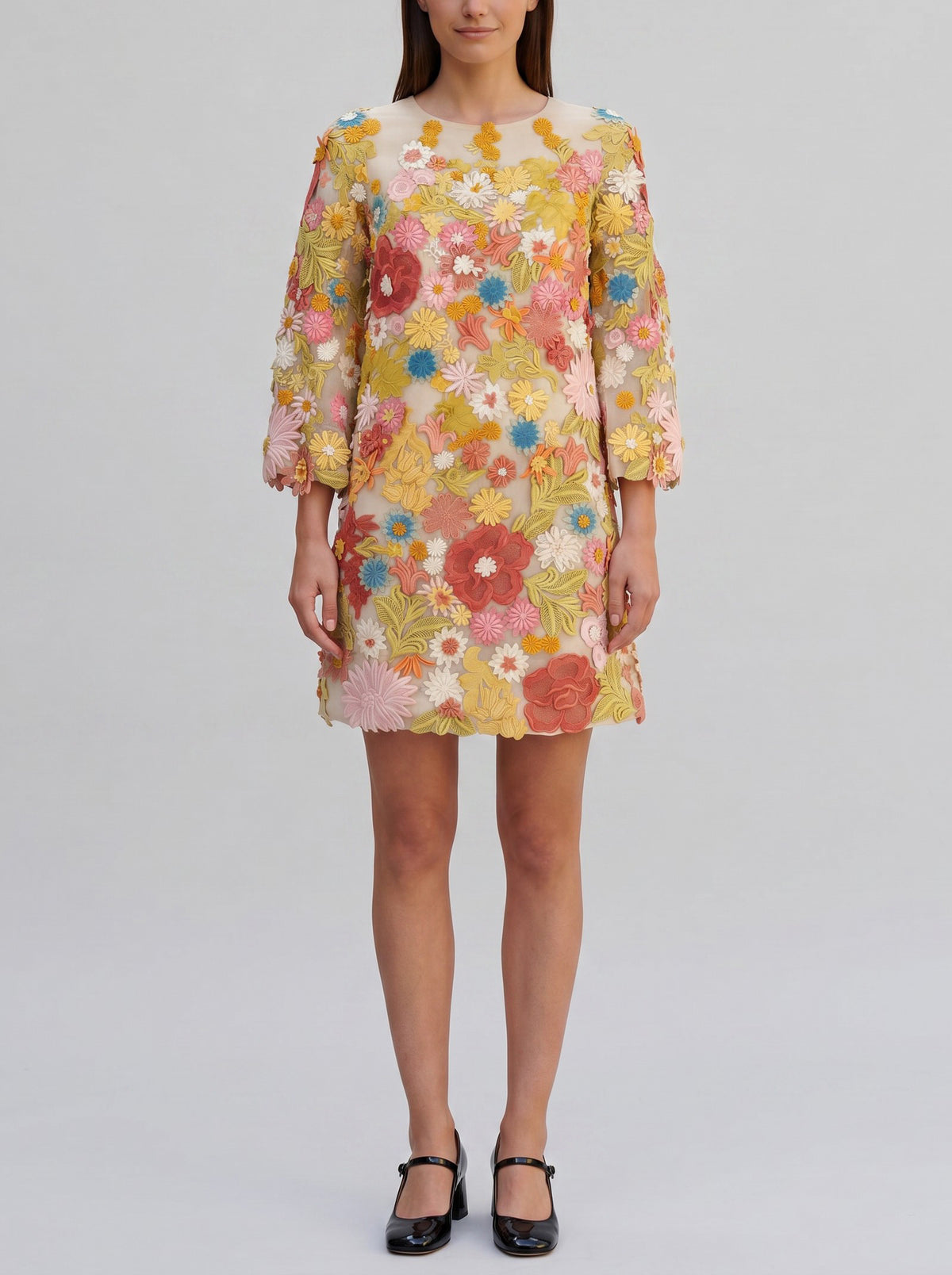 1960s Flower Power Vintage Mini Dress with 3D Floral Embroidery AR129  Vintage 