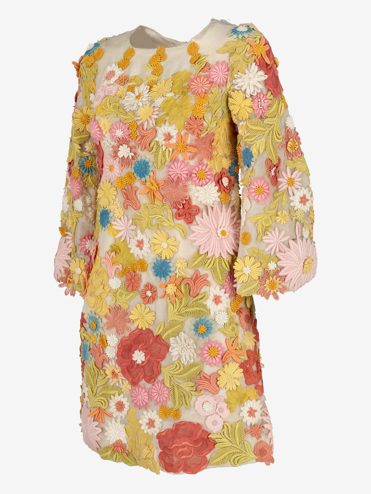 1960s Flower Power Vintage Mini Dress with 3D Floral Embroidery AR129  Vintage 