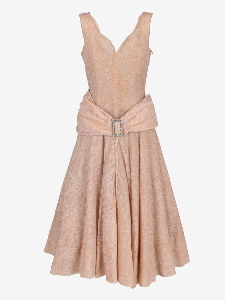 Vintage Blush Pink Floral Lace Evening Gown with Rhinestone Buckle - 1950s AR135  Vintage 