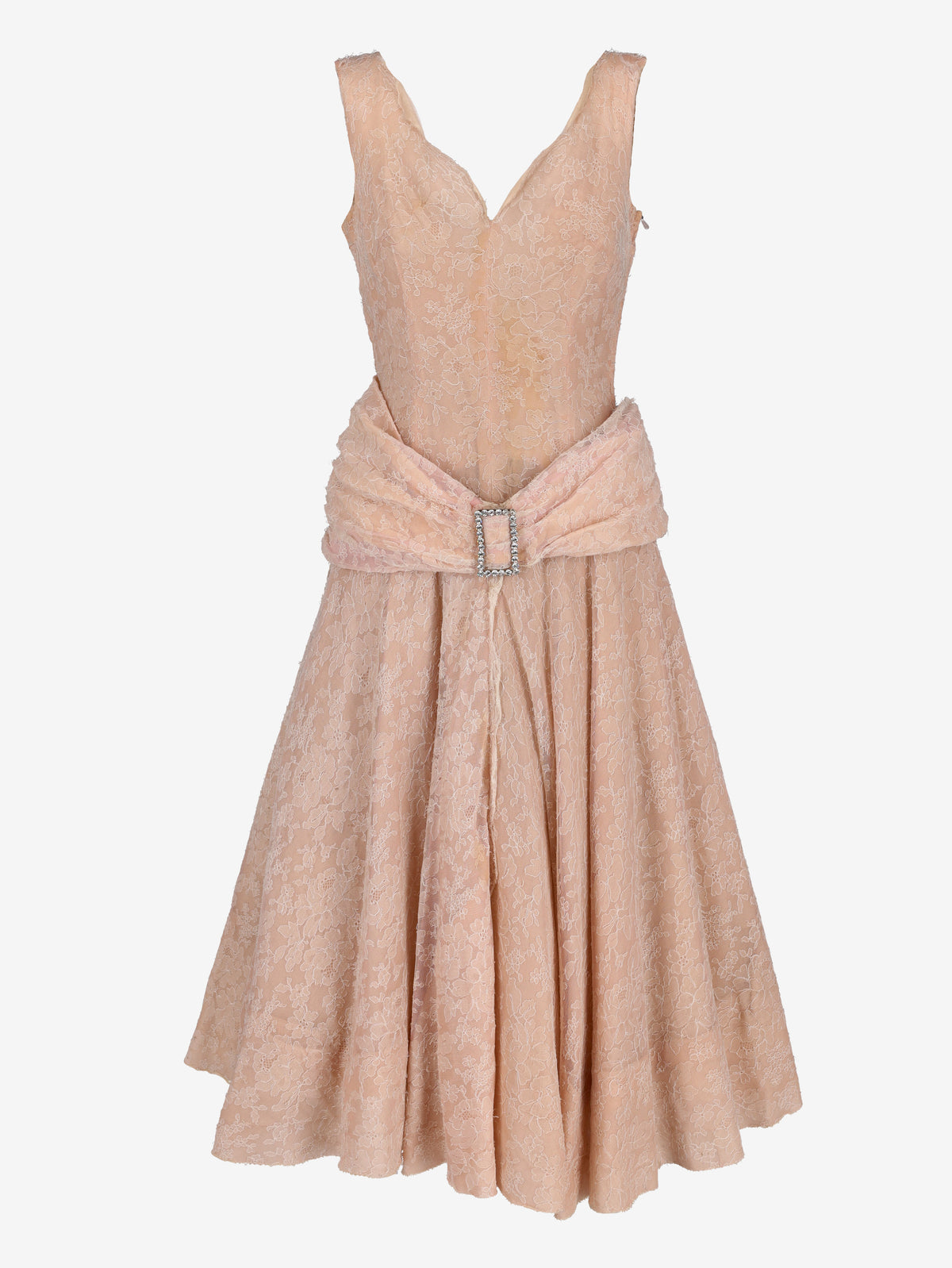 Vintage Blush Pink Floral Lace Evening Gown with Rhinestone Buckle - 1950s AR135  Vintage 