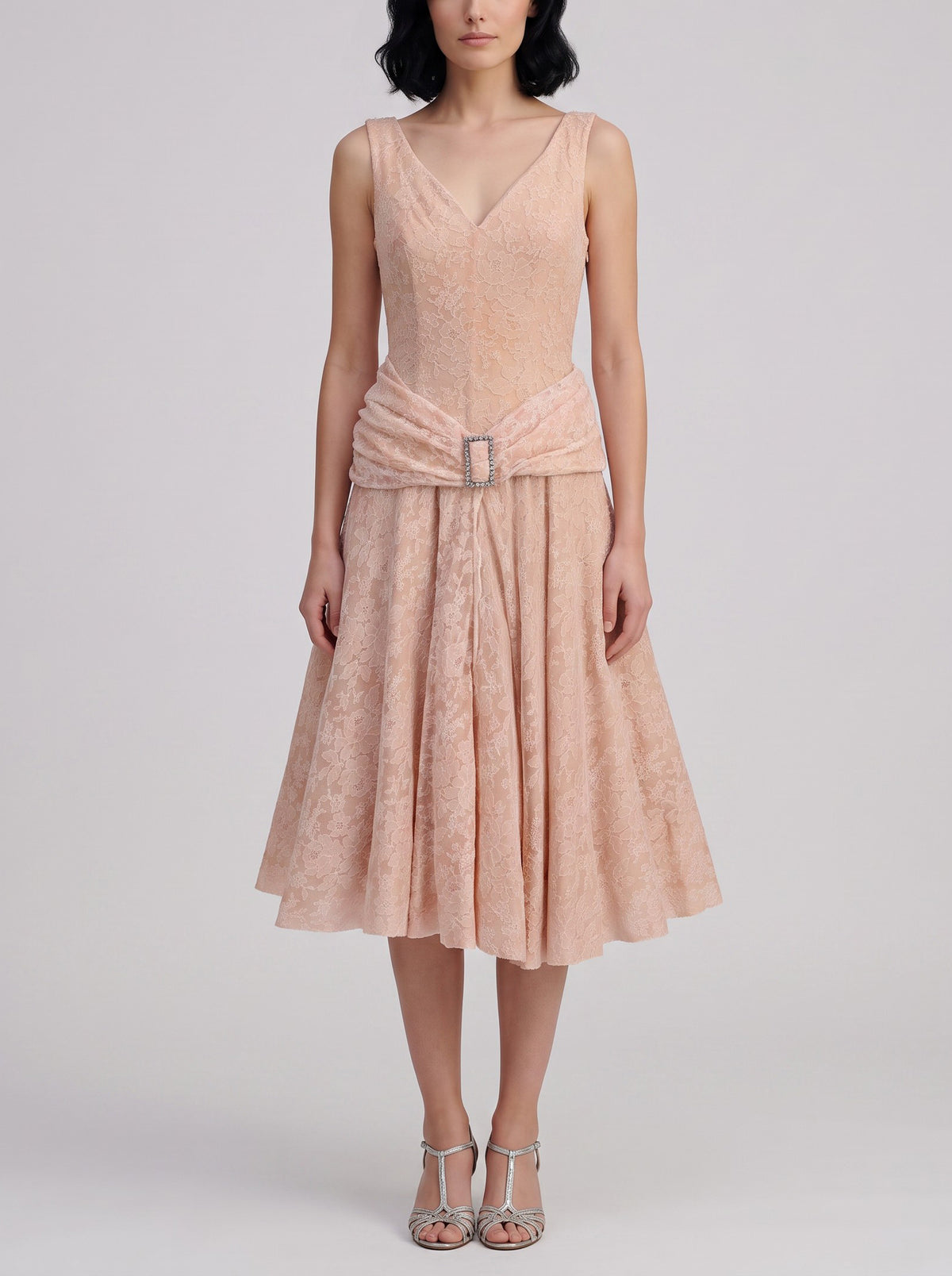 Vintage Blush Pink Floral Lace Evening Gown with Rhinestone Buckle - 1950s AR135  Vintage 
