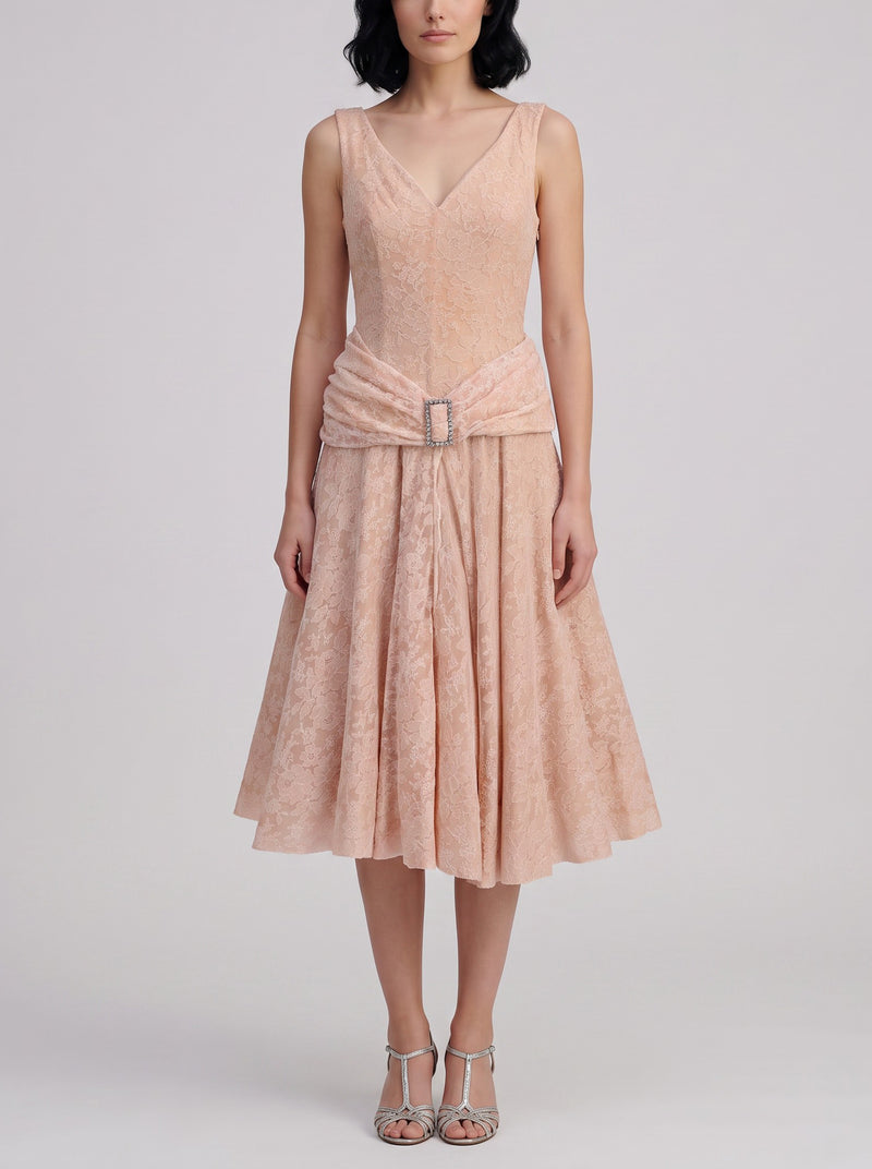 Vintage Blush Pink Floral Lace Evening Gown with Rhinestone Buckle - 1950s AR135  Vintage 