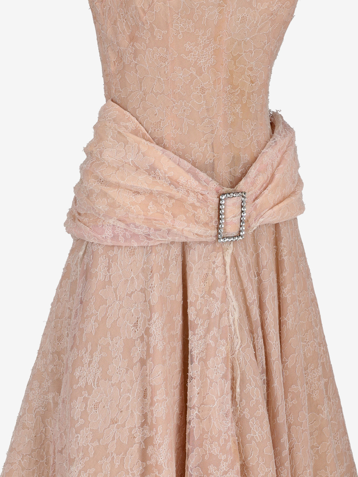 Vintage Blush Pink Floral Lace Evening Gown with Rhinestone Buckle - 1950s AR135  Vintage 