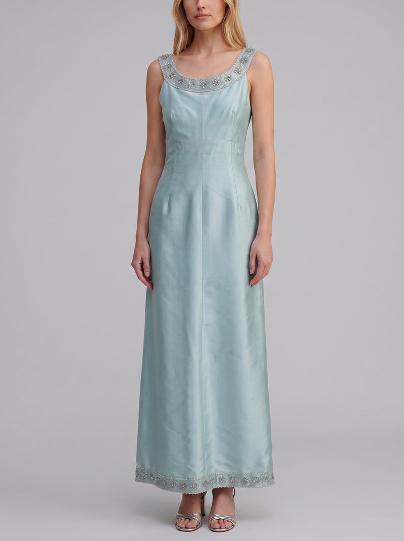 Vintage Tiffany Blue Satin Evening Gown with Beaded Neckline and Front Bow - 1960s AR155  Vintage 