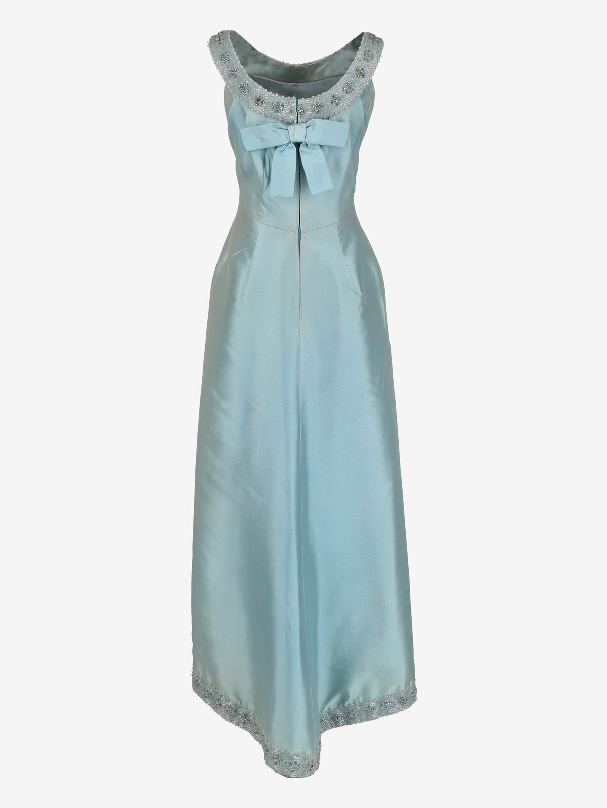 Vintage Tiffany Blue Satin Evening Gown with Beaded Neckline and Front Bow - 1960s AR155  Vintage 