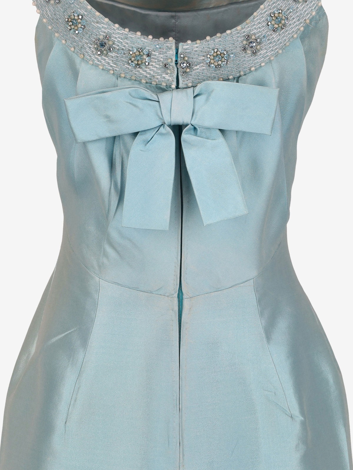 Vintage Tiffany Blue Satin Evening Gown with Beaded Neckline and Front Bow - 1960s AR155  Vintage 