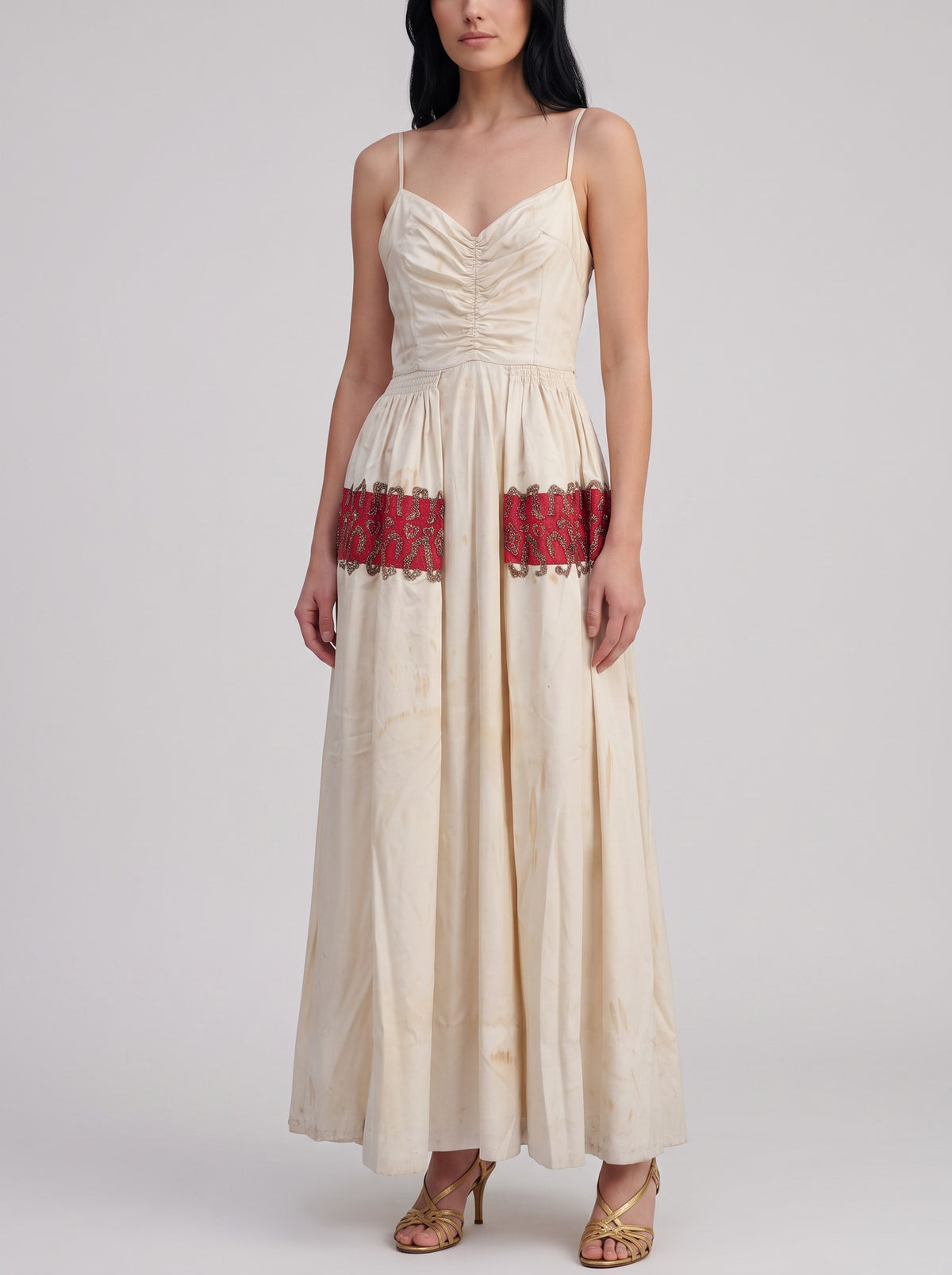 Vintage Cream Maxi Dress with Gold Embroidered Red Waistband - 1970s AR158  Vintage 