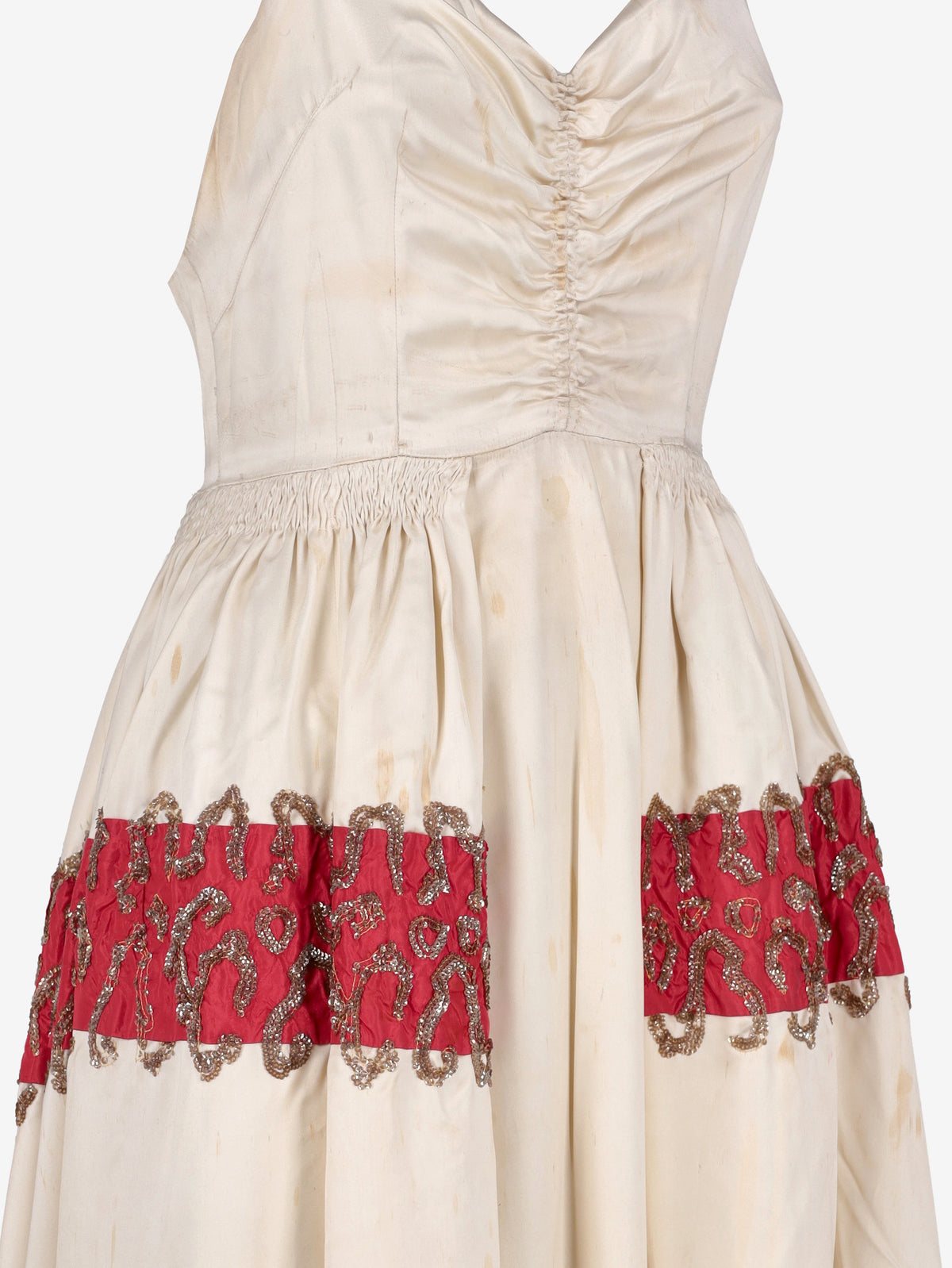 Vintage Cream Maxi Dress with Gold Embroidered Red Waistband - 1970s AR158  Vintage 