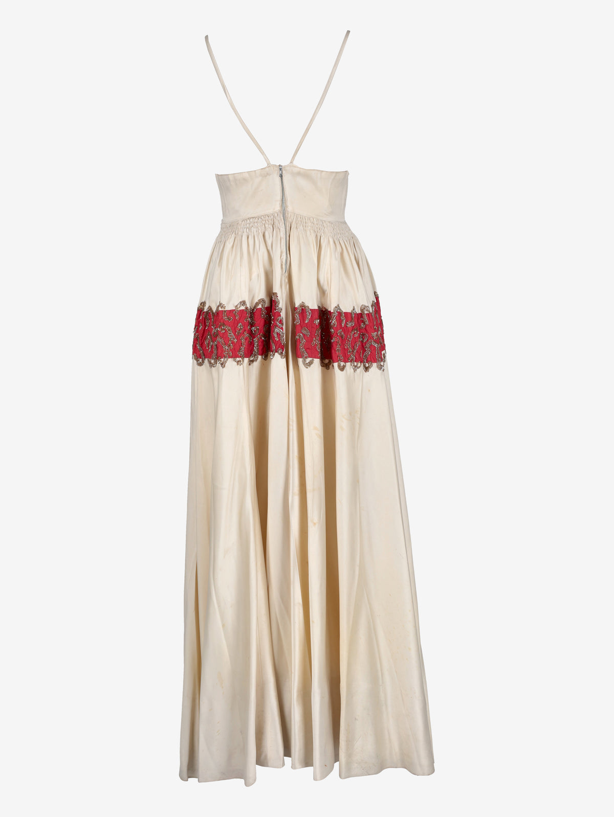 Vintage Cream Maxi Dress with Gold Embroidered Red Waistband - 1970s AR158  Vintage 