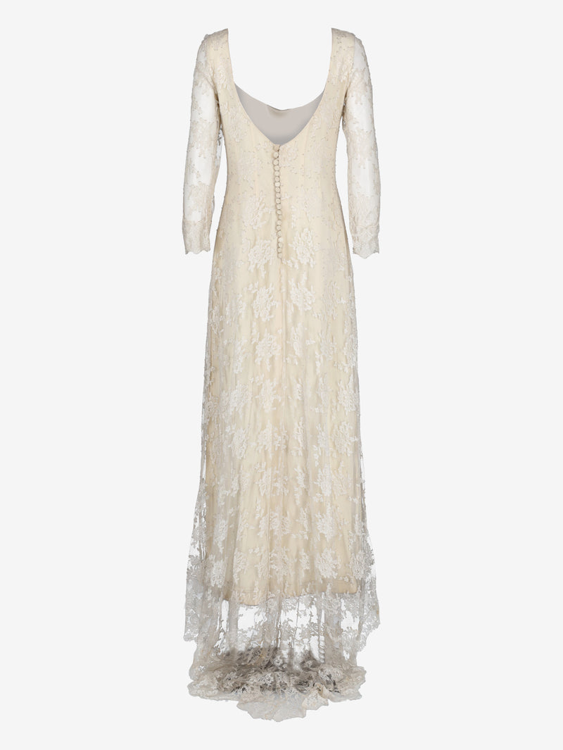 Ivory Lace Wedding Dress with Open Back and Train MZ1910054  Vintage 