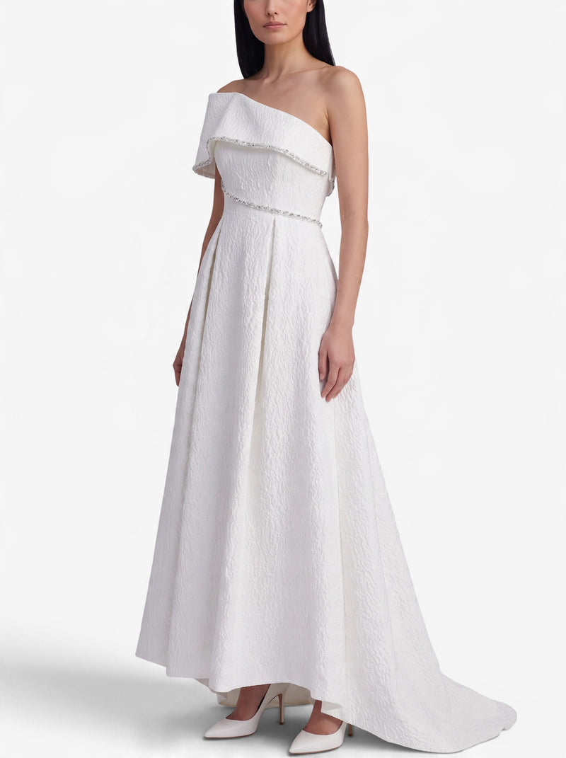 Vintage One-Shoulder Wedding Gown with Crystal Embellishments and Princess Skirt W1926.26  Vintage 