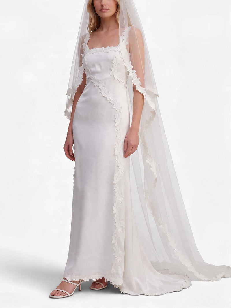 Vintage Mermaid Wedding Gown with Floral Embroidery and Matching Veil W1926.31  Vintage 