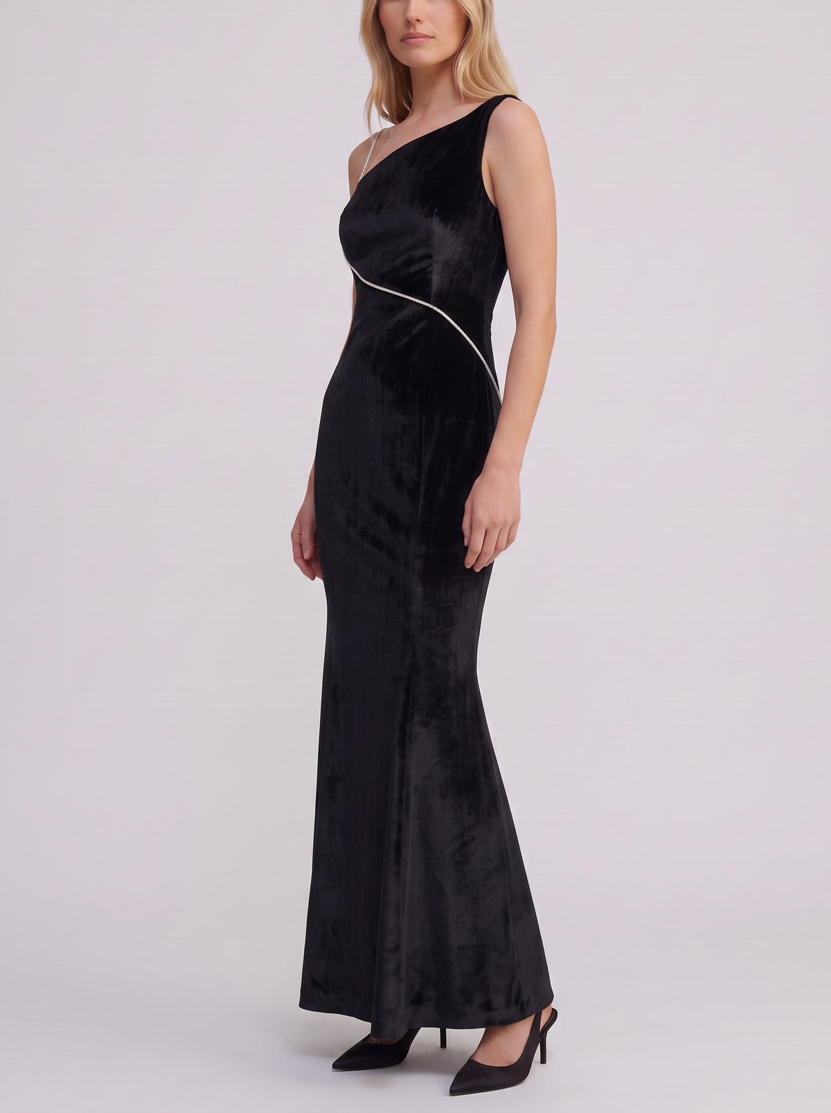 Vintage Black Velvet Evening Gown with Silver Chain Detail W1926.39  Vintage 
