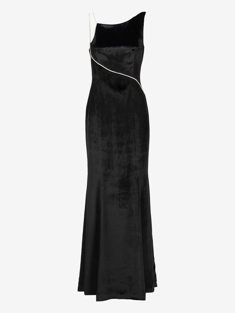 Vintage Black Velvet Evening Gown with Silver Chain Detail W1926.39  Vintage 