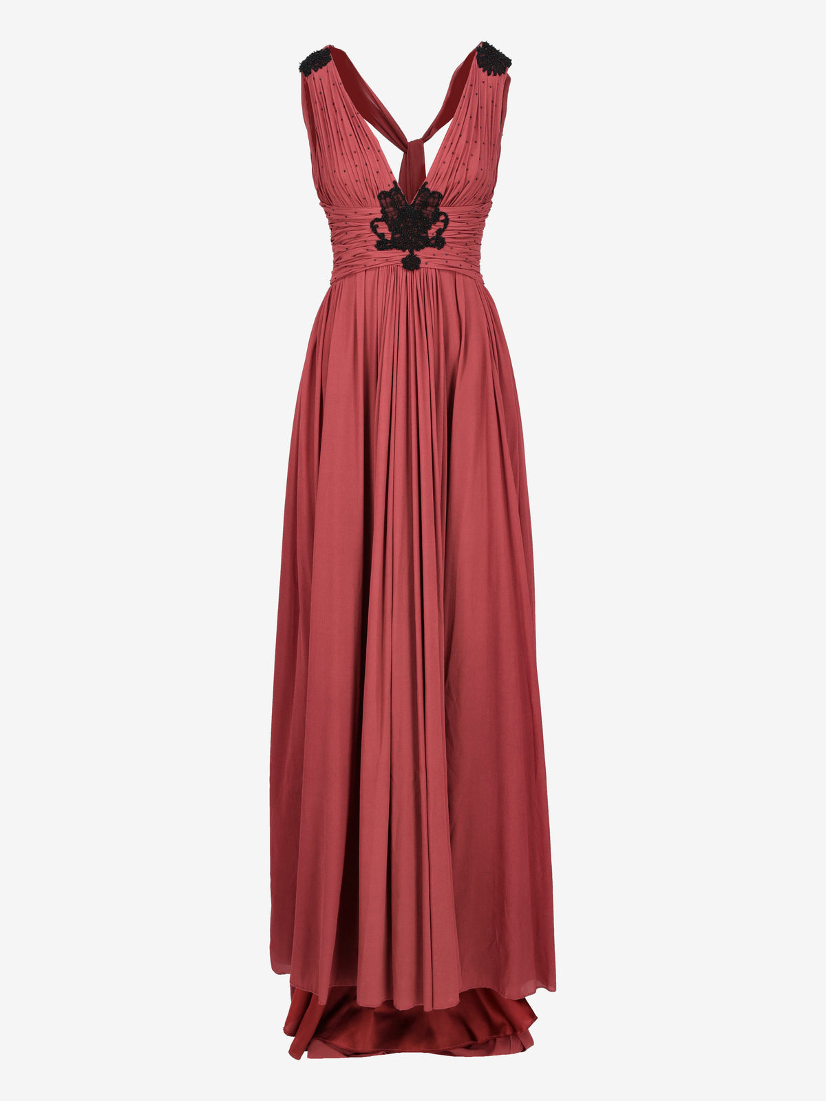 Vintage Burgundy Beaded Evening Gown with Scarf-Like Shoulder Panels W1926.52  Vintage 