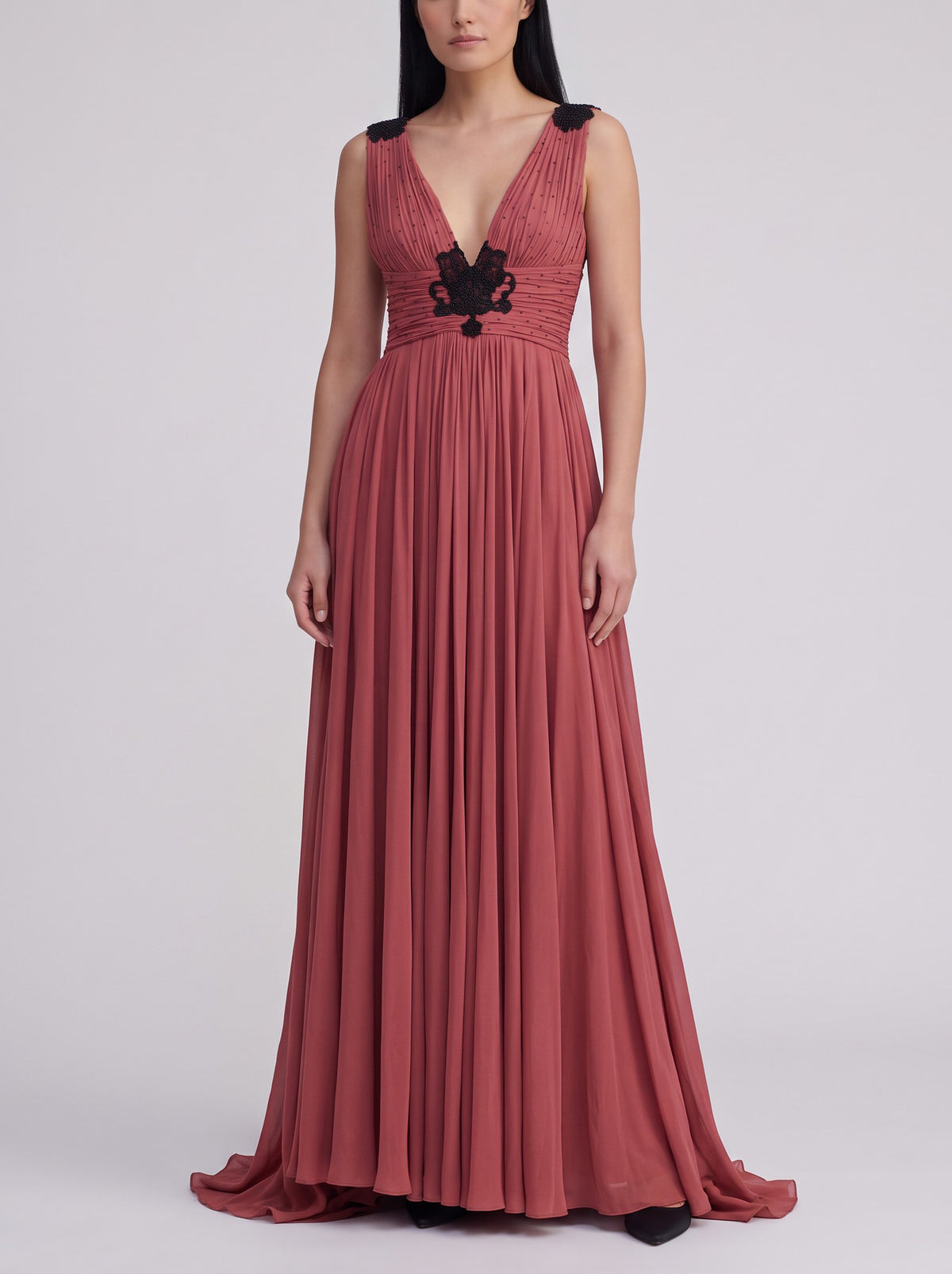 Vintage Burgundy Beaded Evening Gown with Scarf-Like Shoulder Panels W1926.52  Vintage 