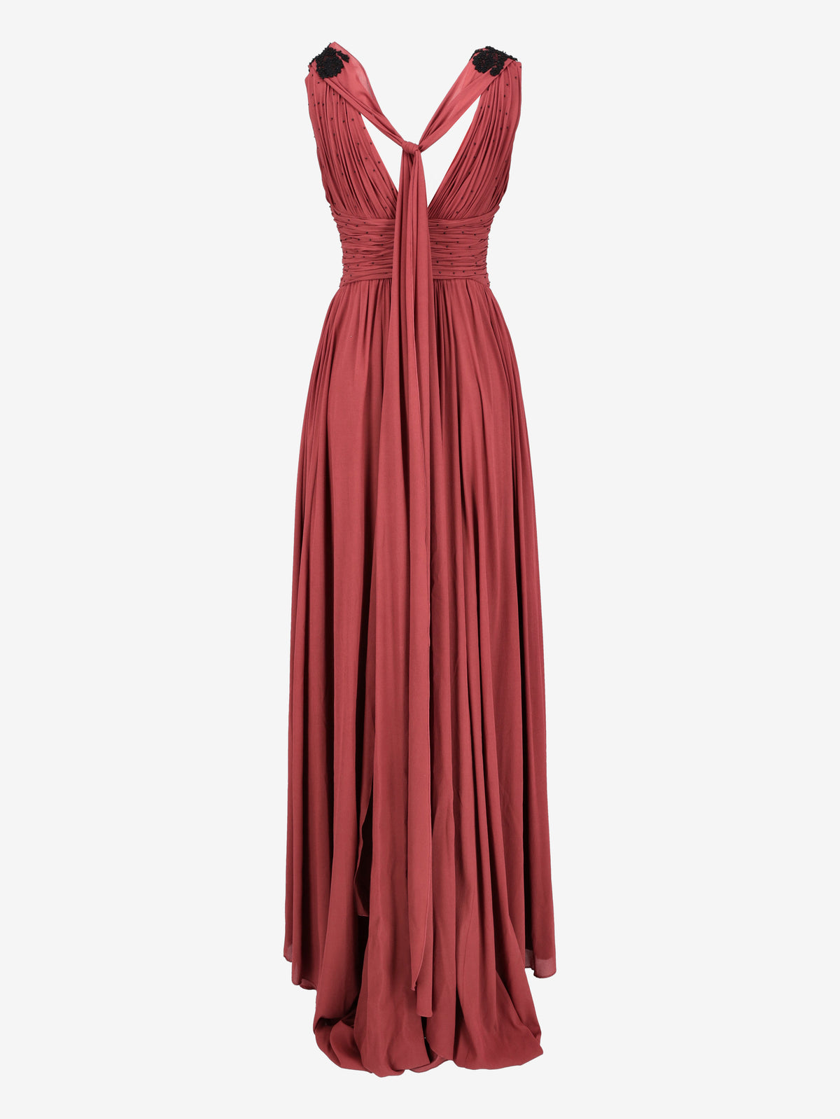 Vintage Burgundy Beaded Evening Gown with Scarf-Like Shoulder Panels W1926.52  Vintage 