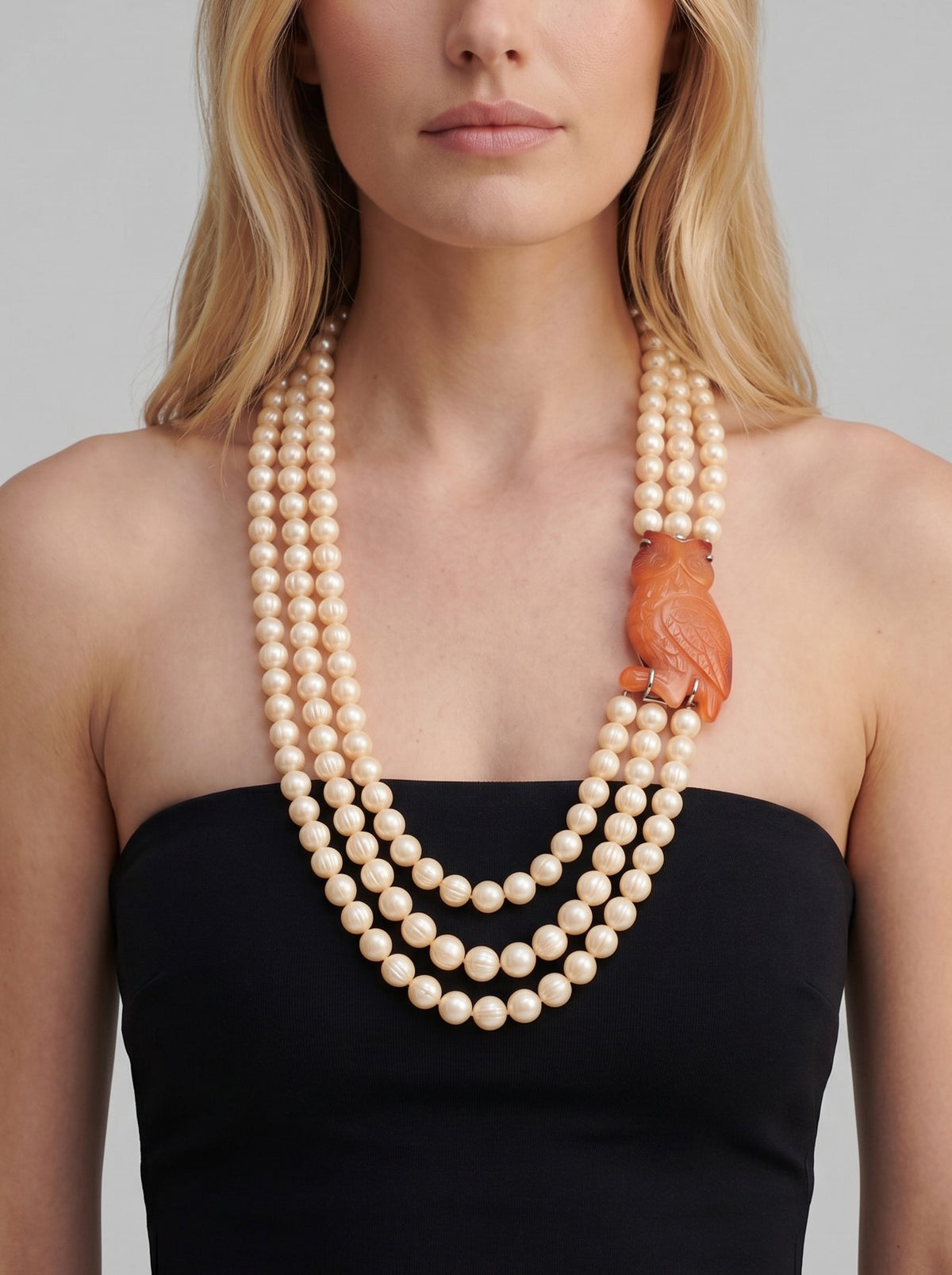 Vintage Three-Strand Faux Pearl Necklace with Owl Clasp W290626.5  Vintage 