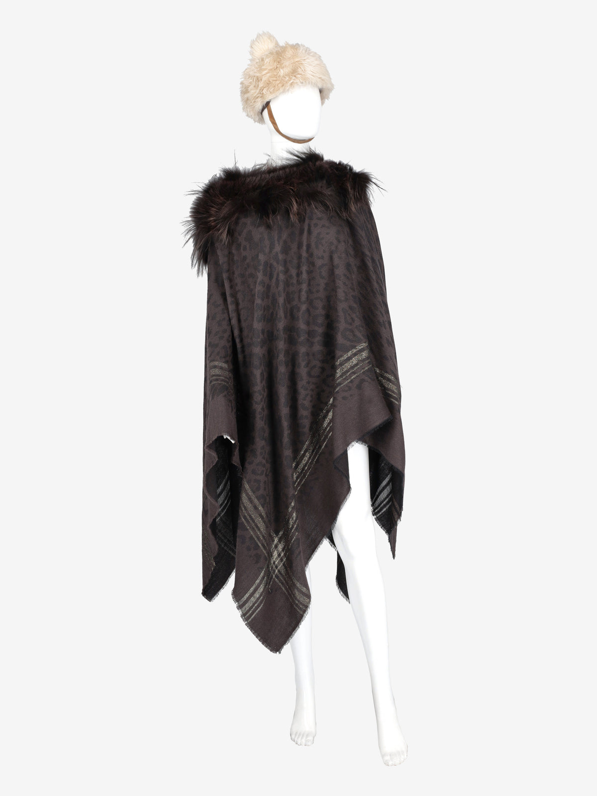 Vintage Wool Poncho With Fur Collar