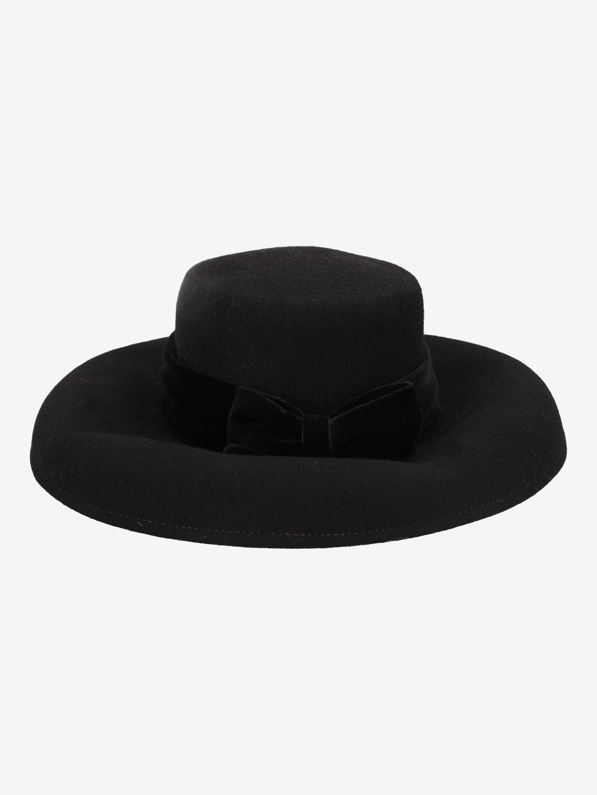 Vintage Black Wool Felt Boater Hat with Velvet Bow BR5522.27  Vintage 