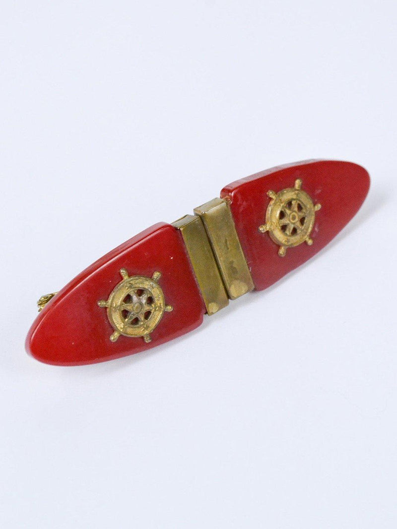 1980s brooch in red plastic and metal with marittime theme W22051804  Vintage 