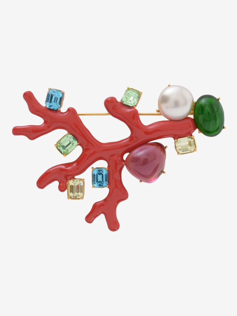 Kenneth Jay Lane Red Coral Branch Brooch With Rhinestones And Synthetic Pearls