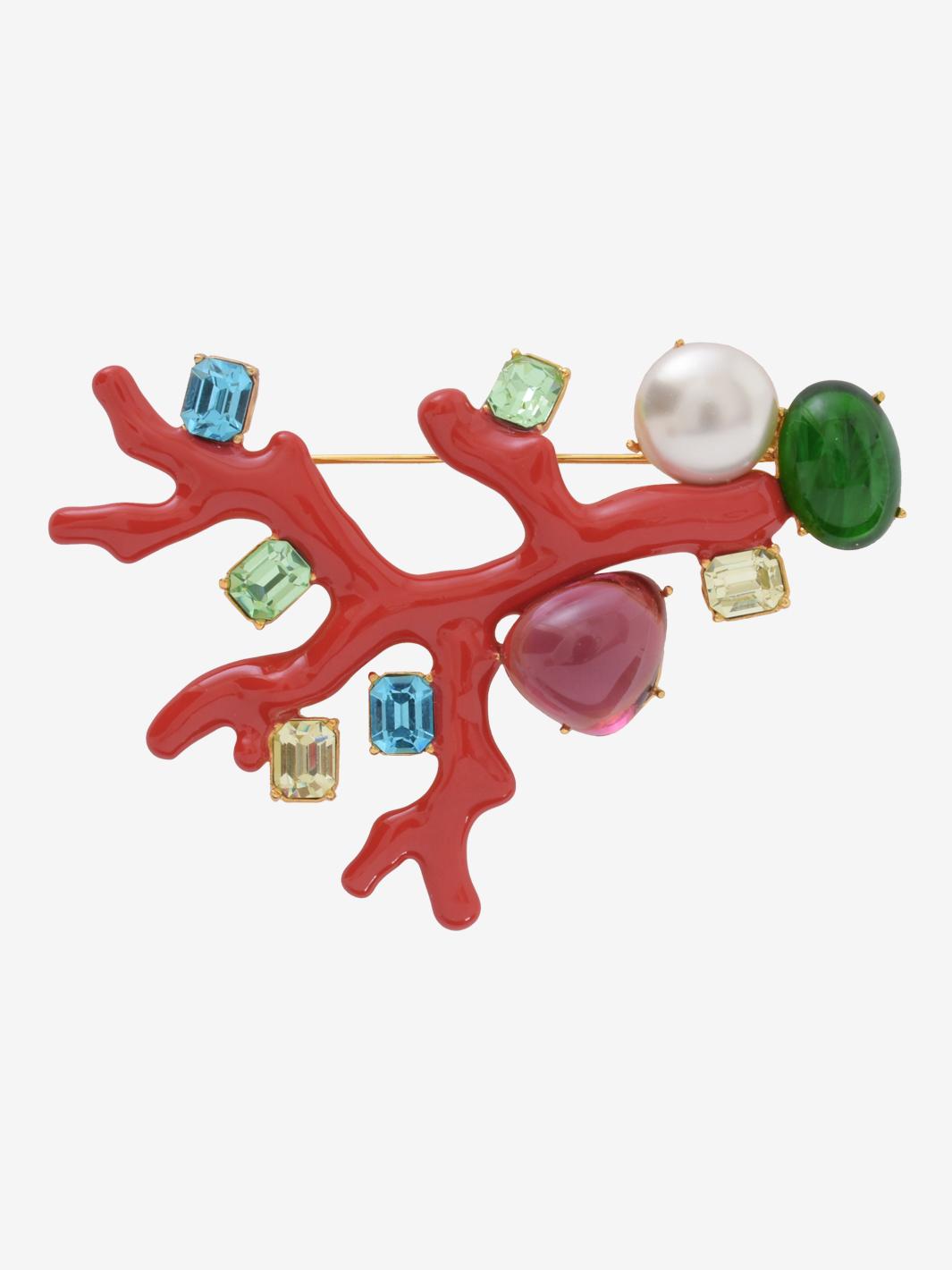 Kenneth Jay Lane Red Coral Branch Brooch With Rhinestones And Synthetic Pearls