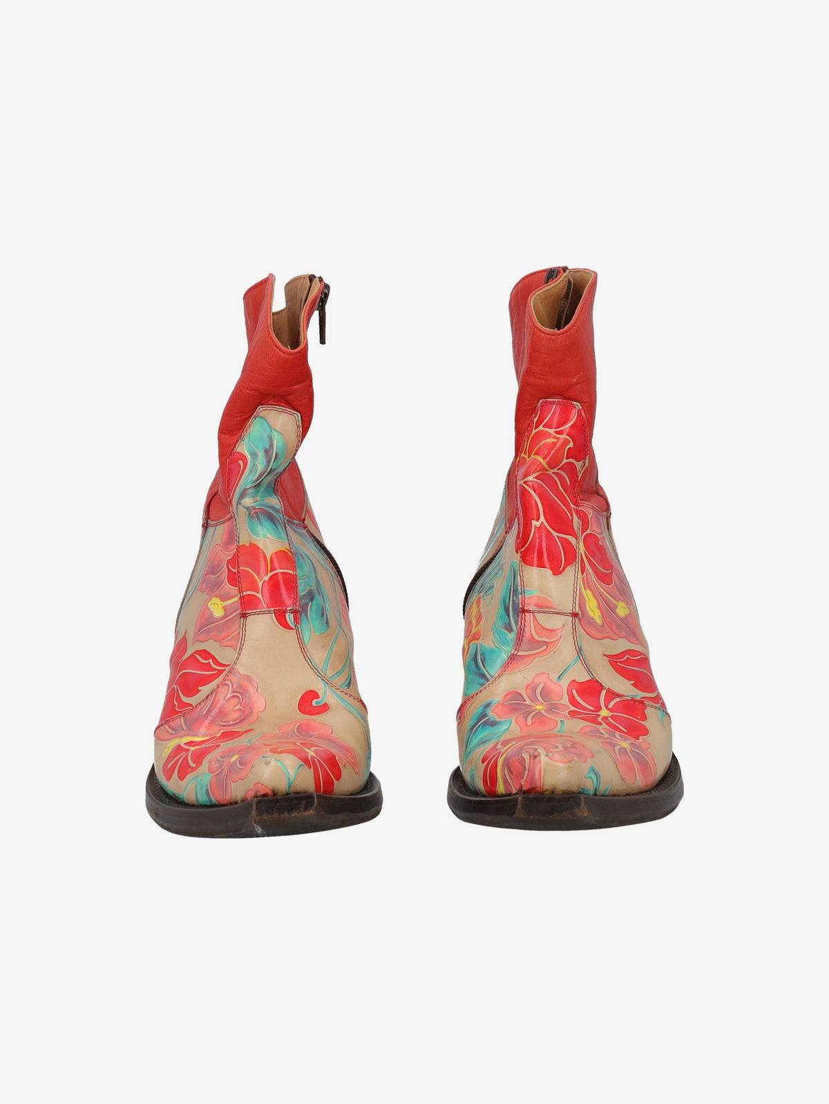 Cowboy Ankle Boots in Red Leather with a Pattern of Flowers W7426.63  Vintage 
