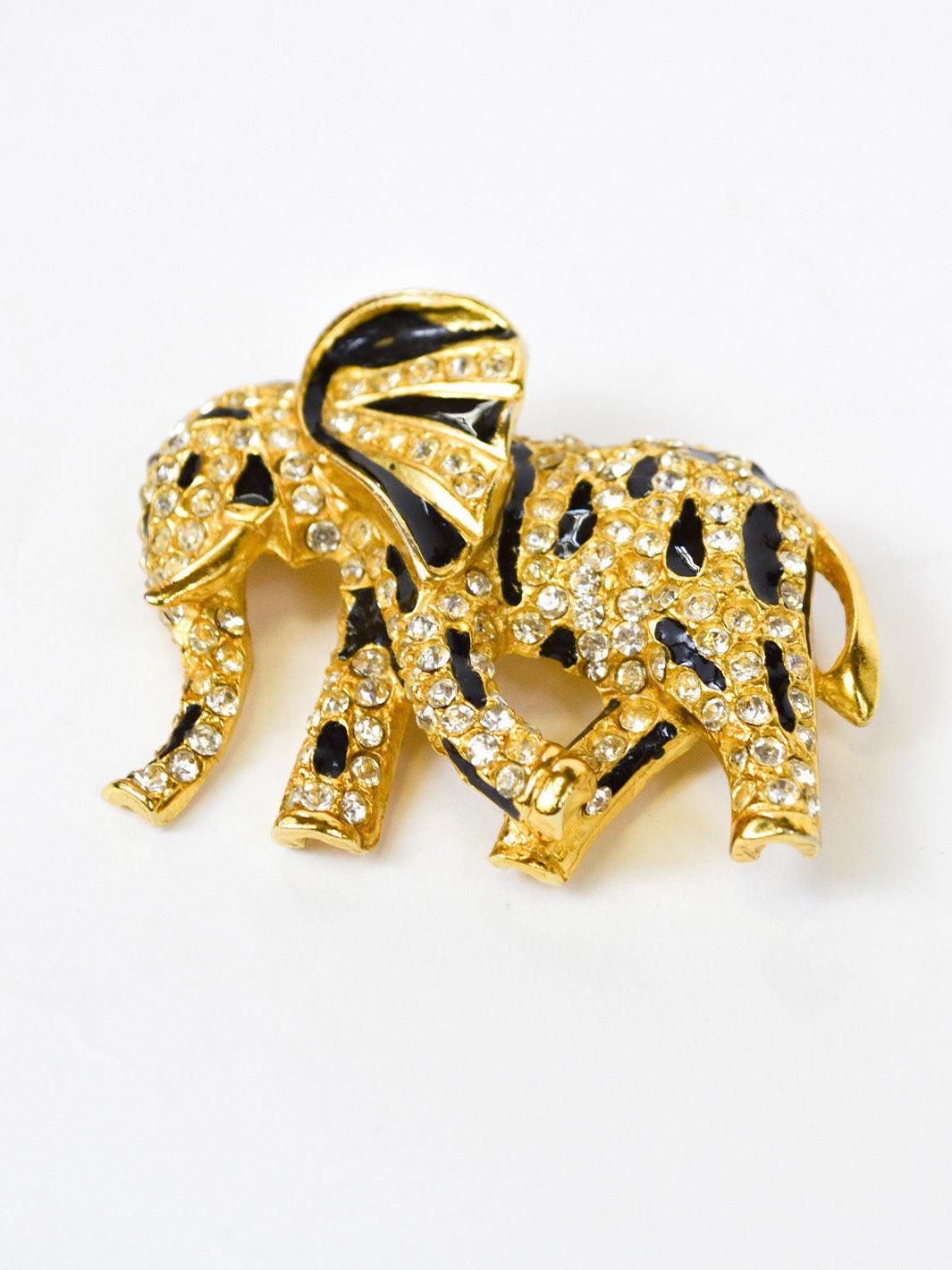 1980s elephant-shaped brooch with black varnish and rhinestones W22051930  Vintage 
