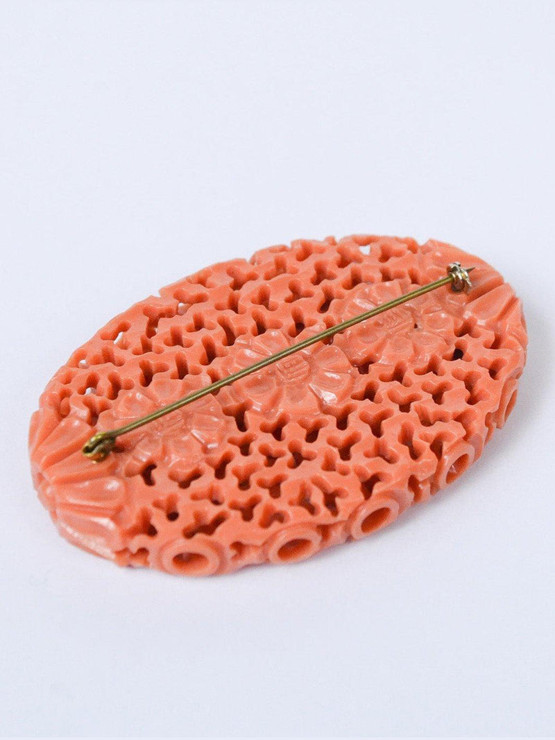 1980s pink resin brooch with floral print W22051801  Vintage 
