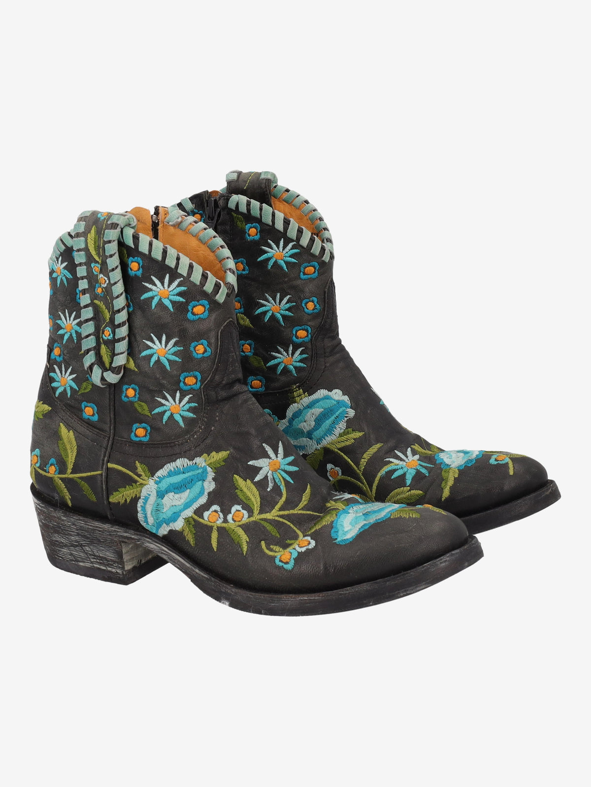 Cowboy Ankle Boots in Black Leather with Embroidered Flowers W7426.64  Vintage 