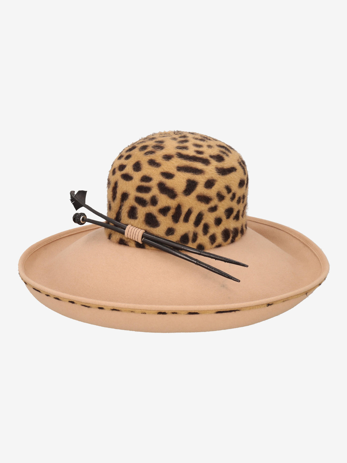 Vintage Wide-Brim Fedora with Leopard Crown & Decorative Sticks W27526.140  Vintage 