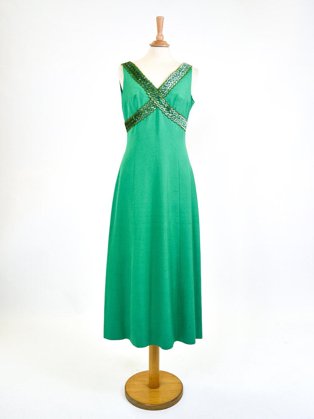 Emerald green cotton dress with paillettes, 60s W22041210  Vintage 