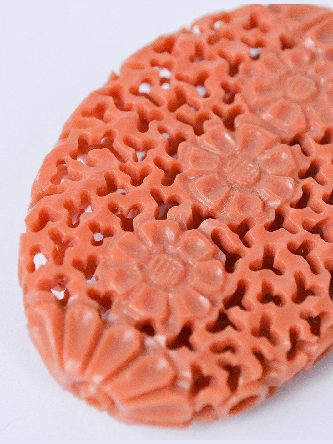 1980s pink resin brooch with floral print W22051801  Vintage 