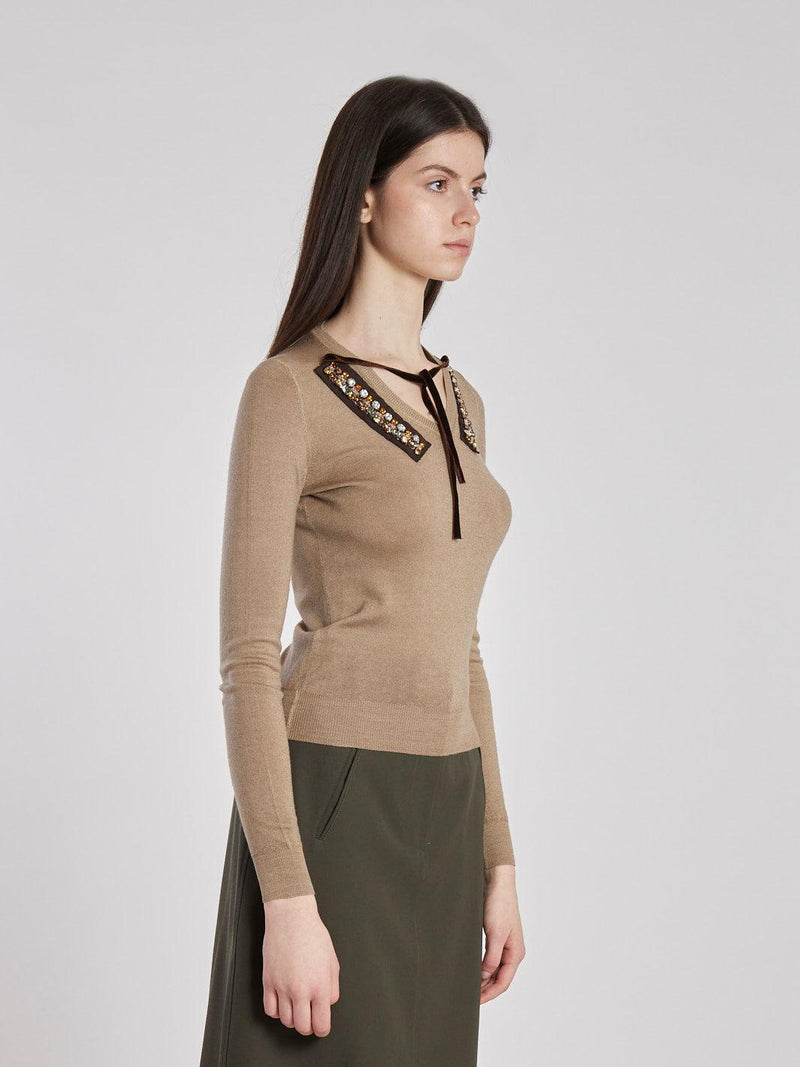 Y2K Prada taupe-coloured wool sweater with strass embroidery MR226662  Prada 