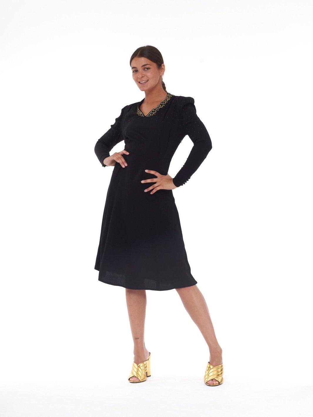 1940s black sartorial dress with metallic apliques W22062903  Vintage 