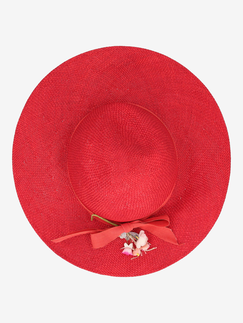 Vintage Red Straw Hat with Floral Trim BR5522.24  Vintage 