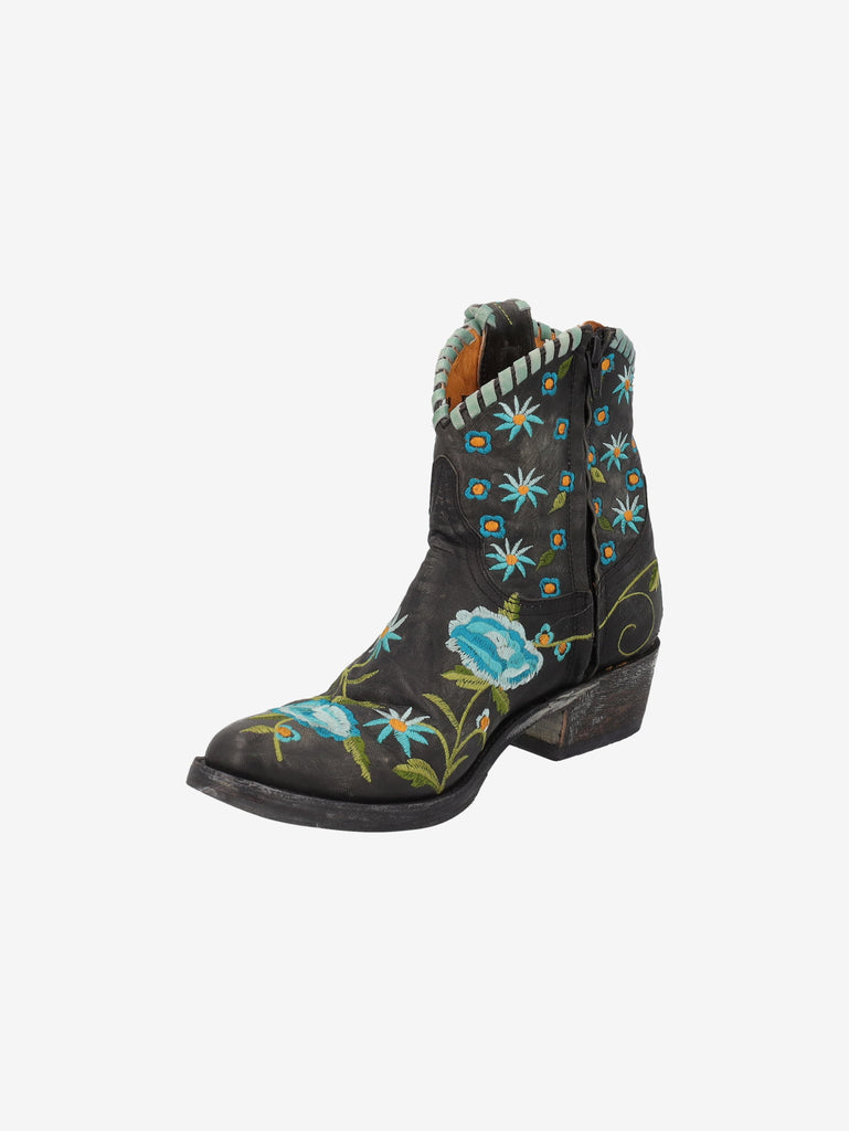 Cowboy Ankle Boots in Black Leather with Embroidered Flowers W7426.64  Vintage 