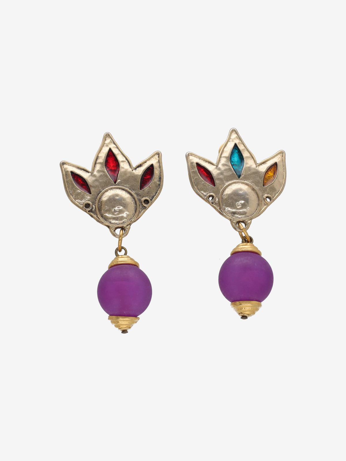 Vintage Leaf-Stud Earrings with Purple Round Pendant Drop W13426.35  Vintage 