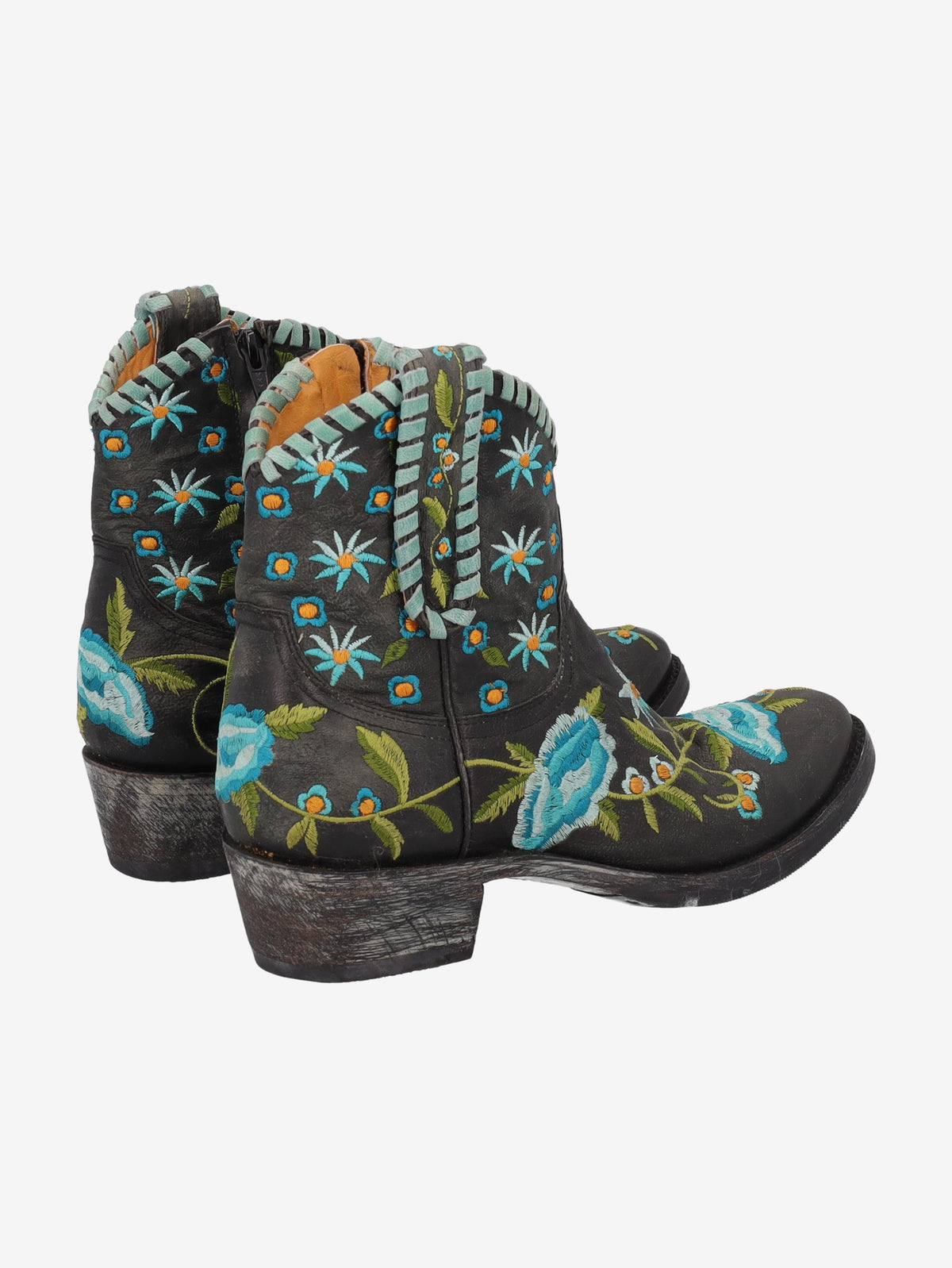 Cowboy Ankle Boots in Black Leather with Embroidered Flowers W7426.64  Vintage 