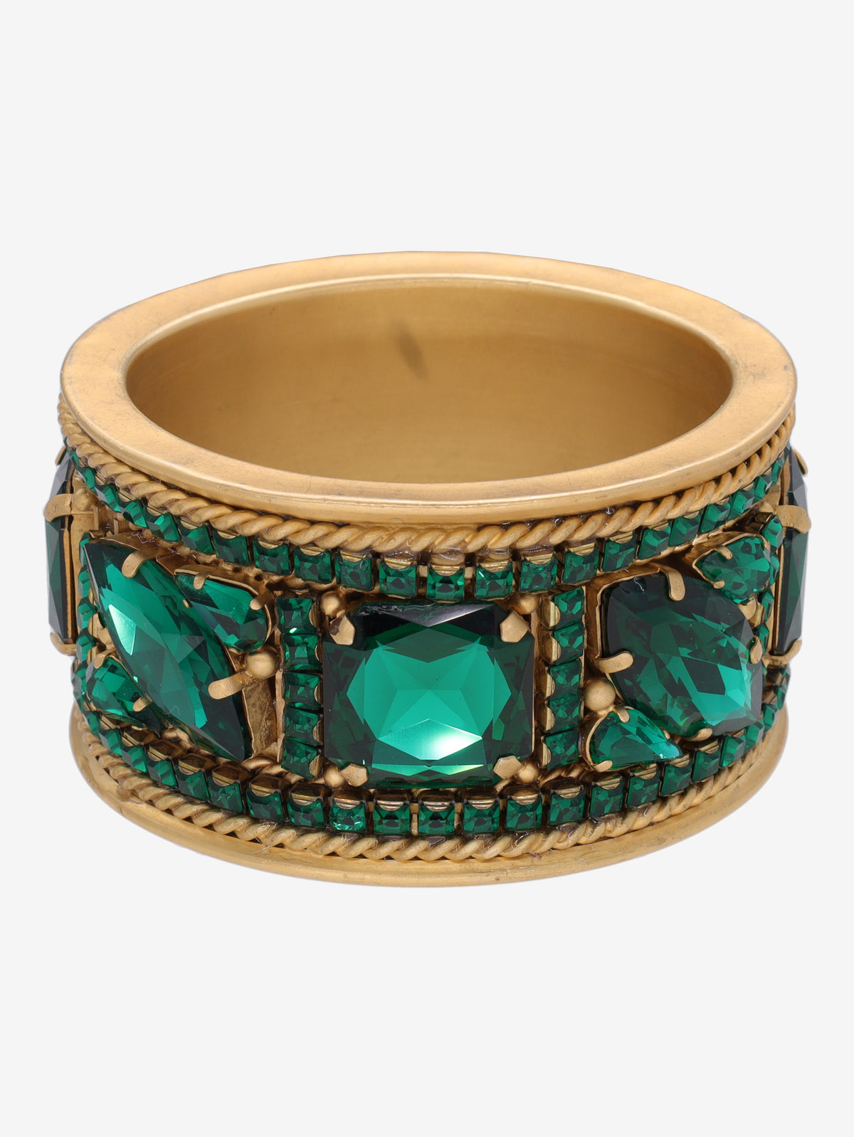 Gianfranco Ferré Gold Maxi Bracelet With Green Rhinestones