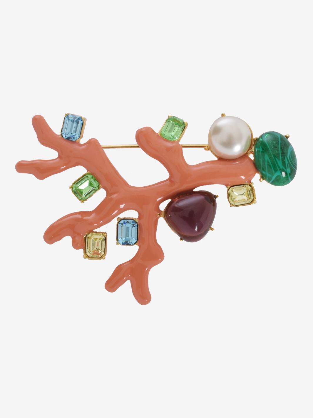 Kenneth Jay Lane Pink Coral Branch Brooch With Rhinestones And Synthetic Pearls