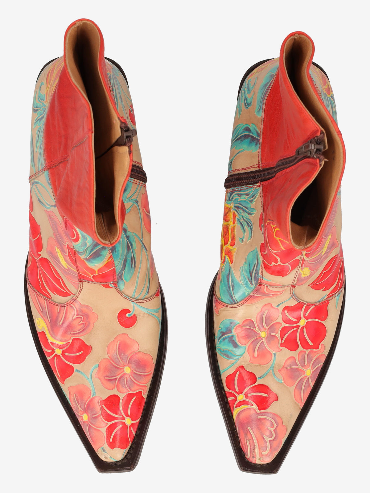 Cowboy Ankle Boots in Red Leather with a Pattern of Flowers W7426.63  Vintage 