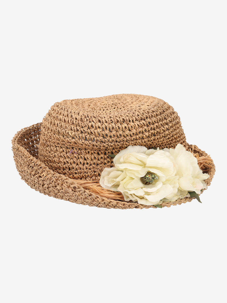 Woven Straw Hat with Ivory Floral Detail BR150622.21  Vintage 