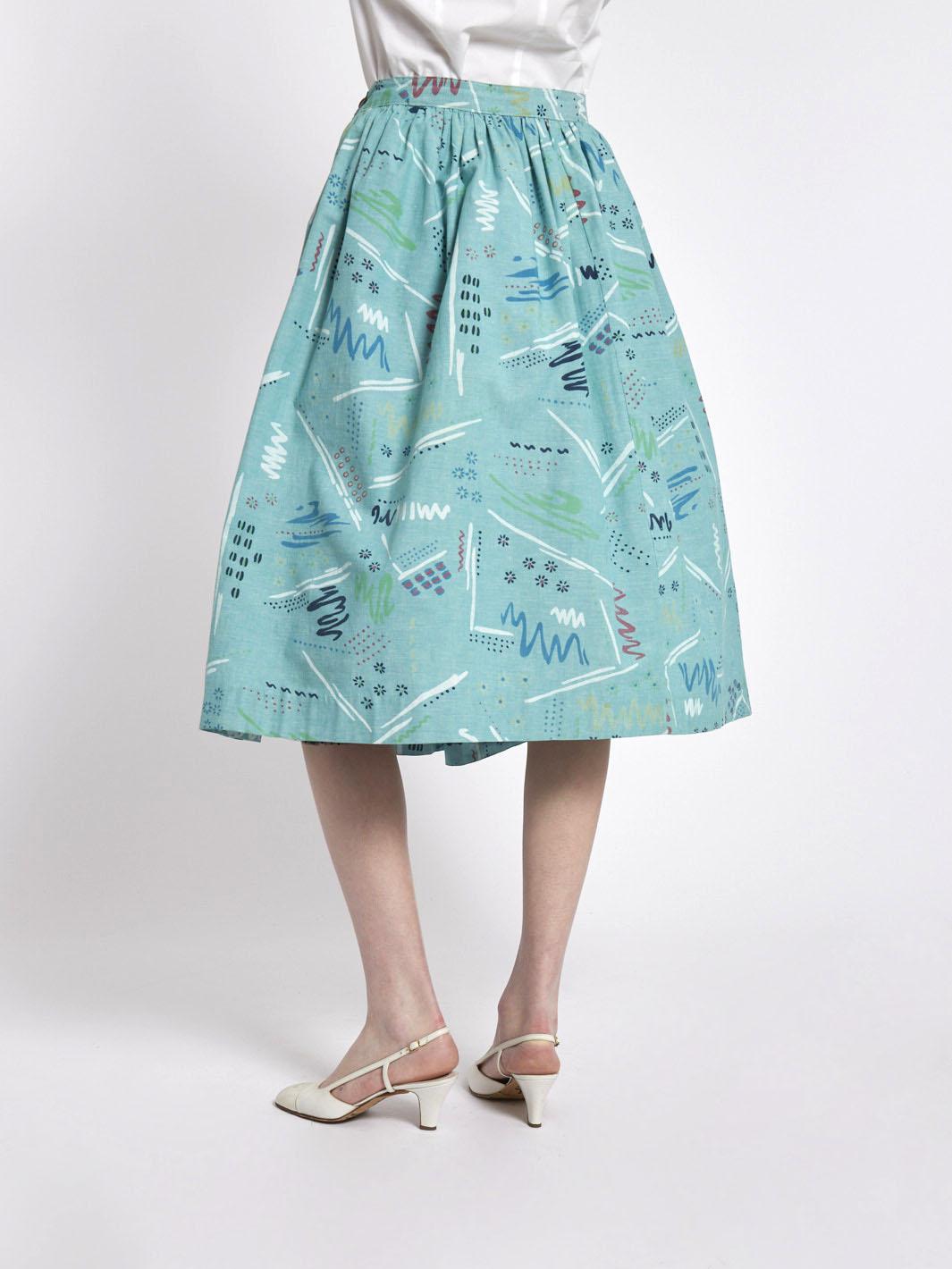 Gonna midi ispirata agli anni '50 in cotone verde acqua con motivo astratto